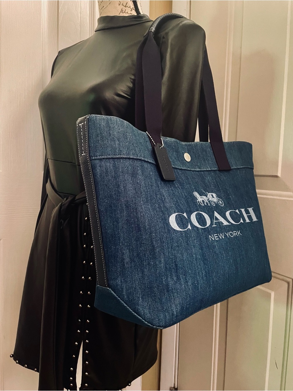 Coach Denim Logo Tote in Blue with Black Straps